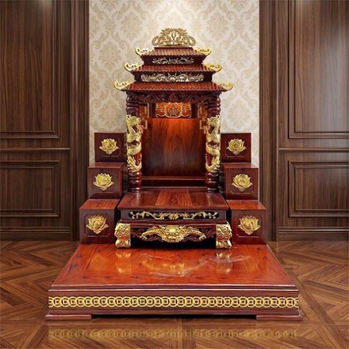 Mẫu Bàn Thờ Thần Tài Mái Chùa Cột Song Long Dát Vàng TT-2716