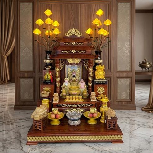 Mẫu Bàn Thờ Thần Tài Mái Chùa Đủ Đồ Thờ Cao Cấp TT-2679