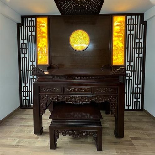 Mẫu Phòng Thờ Gia Tiên Gỗ Gụ Kết Hợp Vách MDF BT-9047