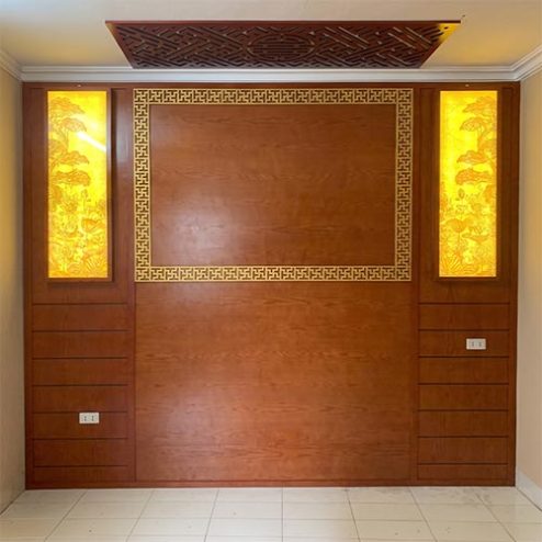Mẫu Vách Ốp Phòng Thờ Kết Hợp Tranh Trúc Chỉ VN-4360